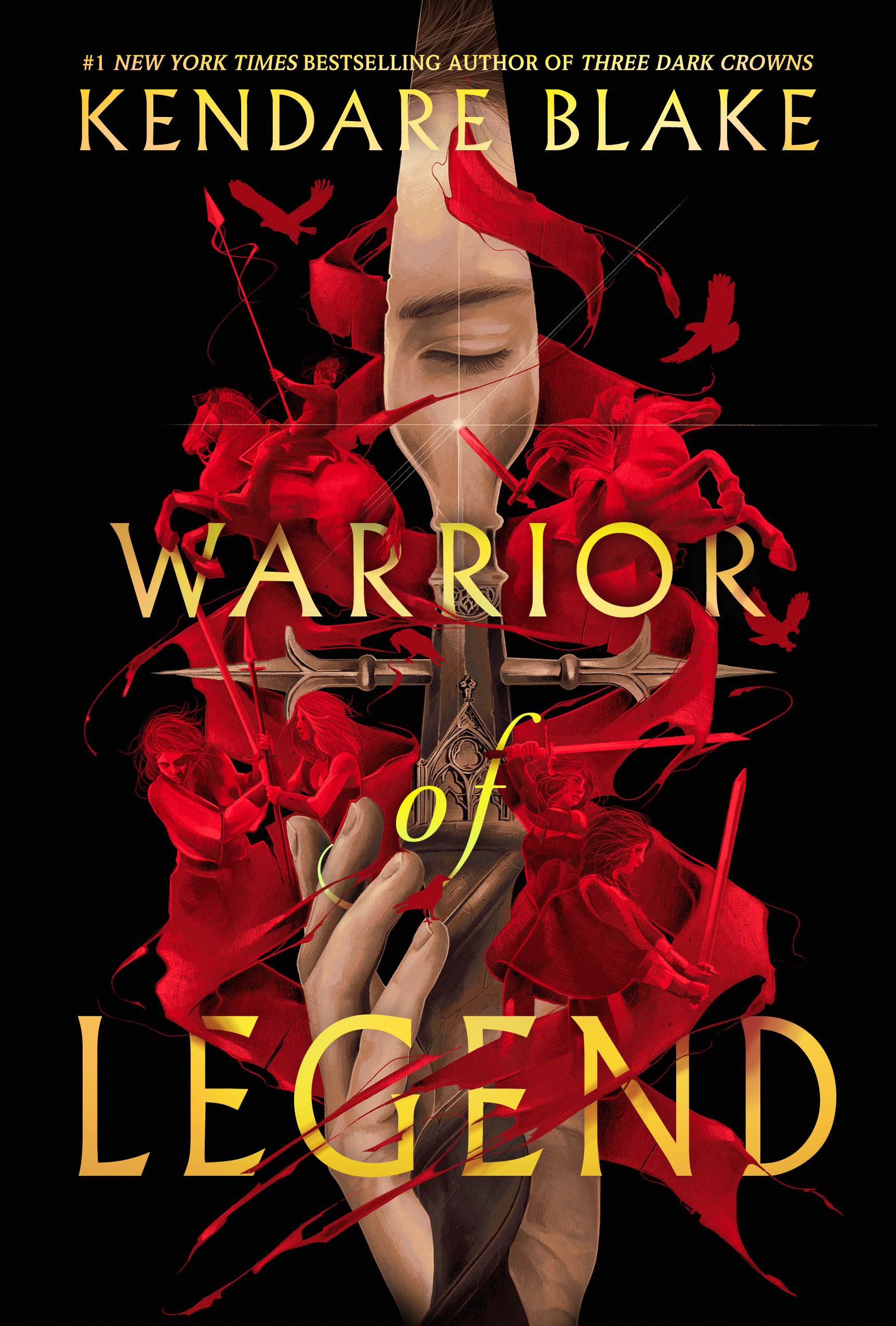 Warrior of Legend cover features red horsies and warriors and Reed reflected in the blade of a spear